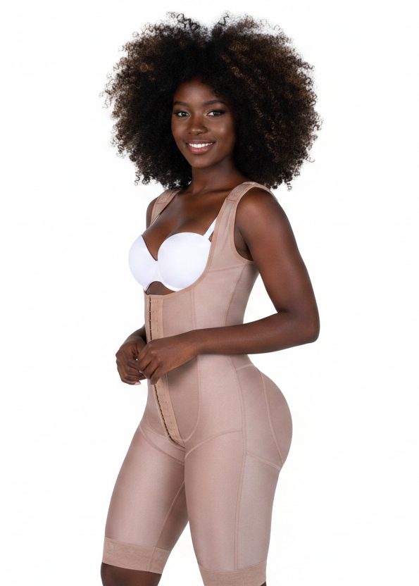 Faja Knee Length With Wide Straps - Black model fluffy afro angle view